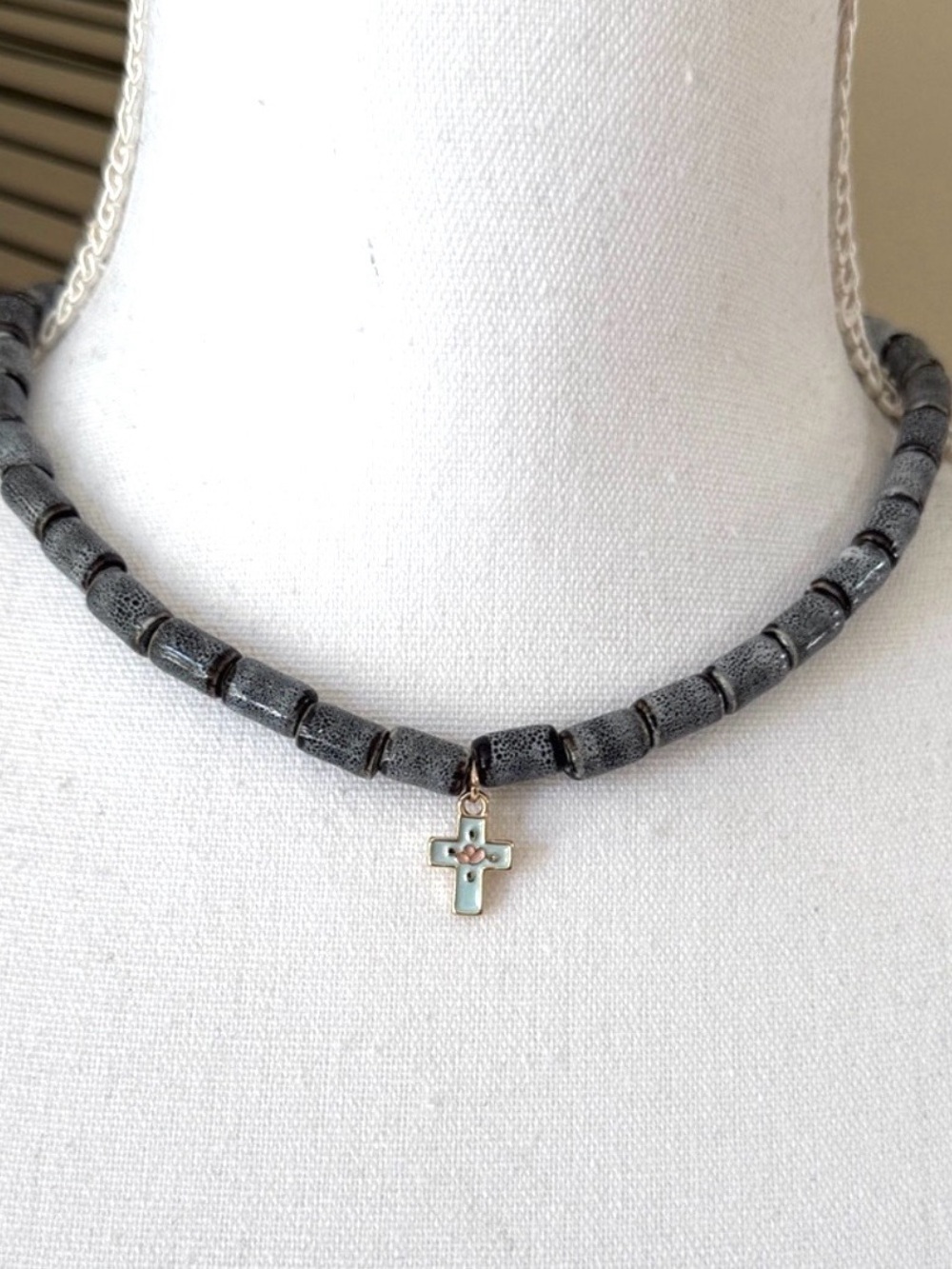 Free People FP Sincerely Yours Blue Cross Charm Choker In Gray/Blue Boho, NWT